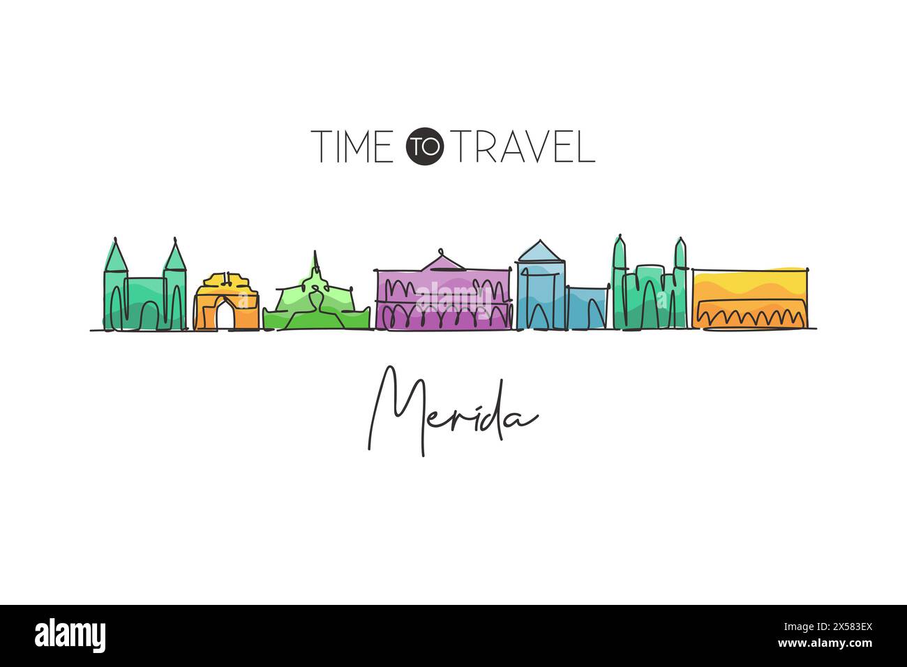 Un disegno continuo dello skyline di Merida, Messico. Splendido poster decorativo per la casa. Turismo paesaggistico mondiale e vacanza di viaggio. S Illustrazione Vettoriale