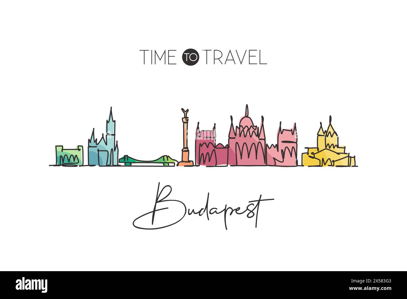 Linea singola continua che disegna lo skyline di Budapest, Ungheria. Famoso raschietto per la città, paesaggio, arredamento per la casa, stampa di poster. Concetto di destinazione di viaggio mondiale Illustrazione Vettoriale
