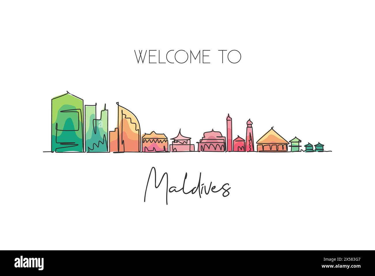 Linea singola continua disegno skyline maschio, Maldive. Famosa stampa di cartoline paesaggistiche con raschietto cittadino. Concetto di destinazione di viaggio mondiale. Traccia modificabile Illustrazione Vettoriale