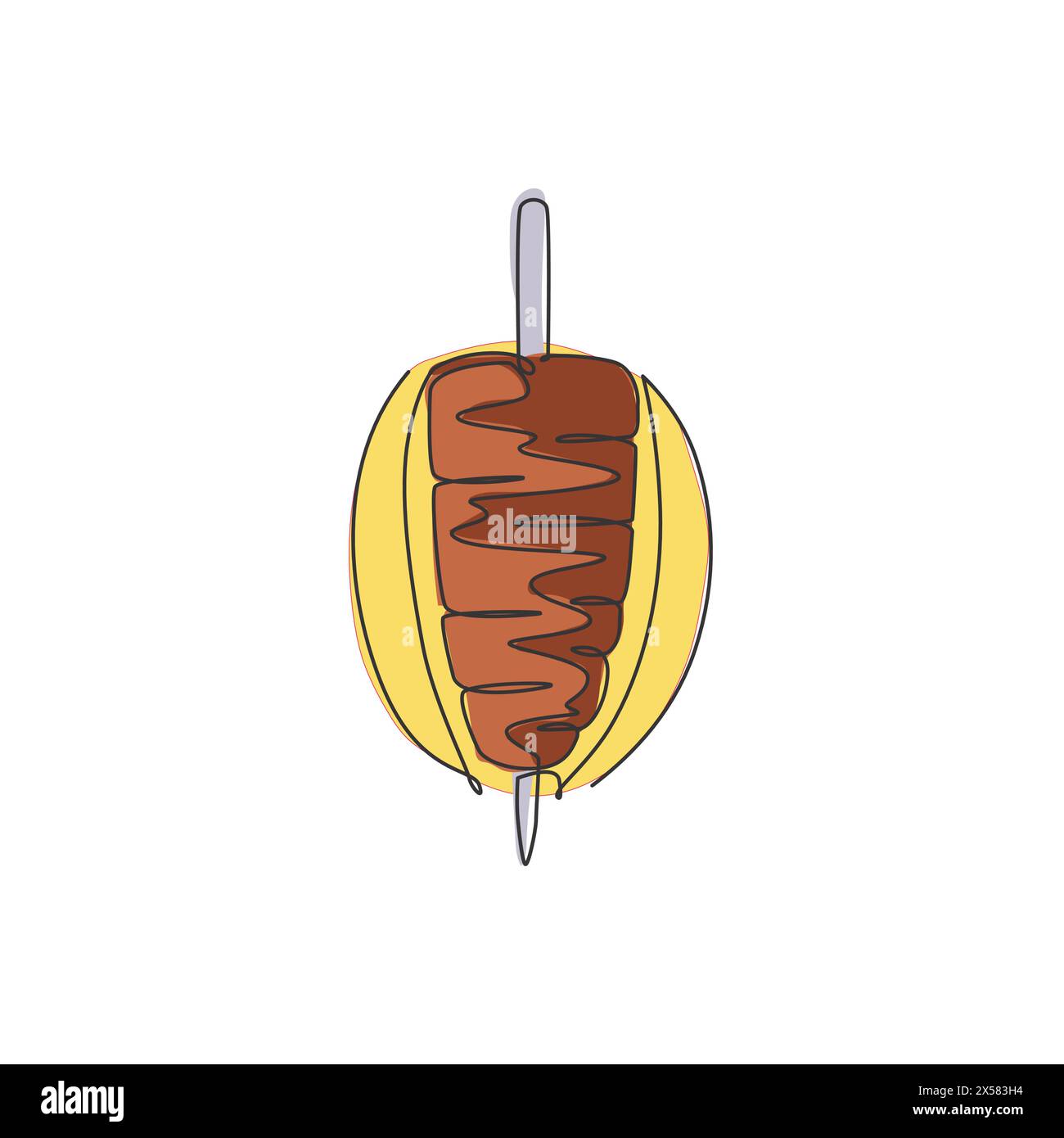 Un disegno su una sola linea del logo del negozio kebab turco fresco e piccante. Tradizionale caffetteria con piatti caldi di tacchino e concetto di distintivo del ristorante. Mod Illustrazione Vettoriale