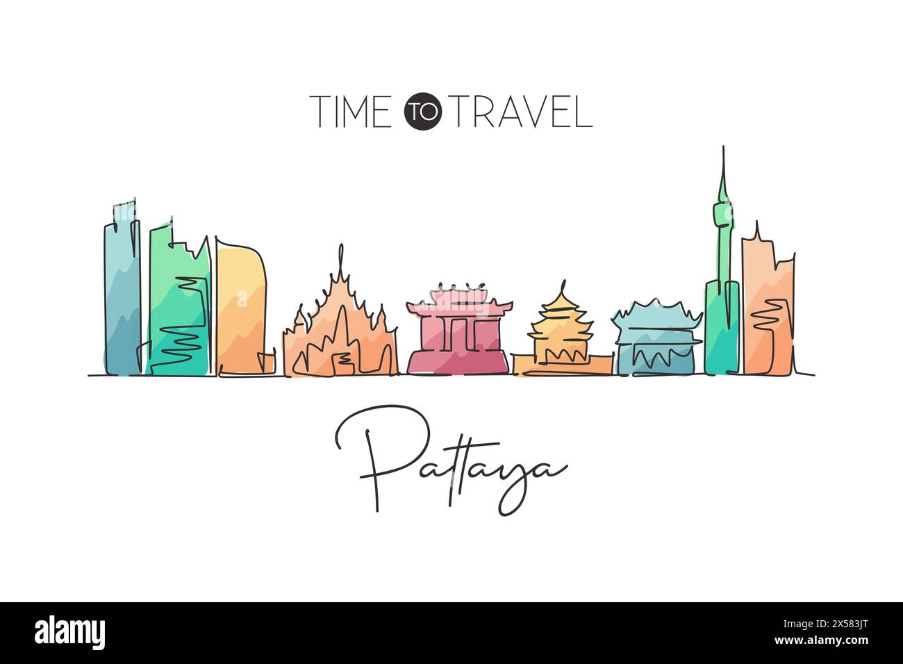 Una linea singola che disegna lo skyline della città di Pattaya, Thailandia. Mondo città paesaggio casa decorazione parete poster stampa arte. La migliore destinazione per le vacanze. Alla moda Illustrazione Vettoriale