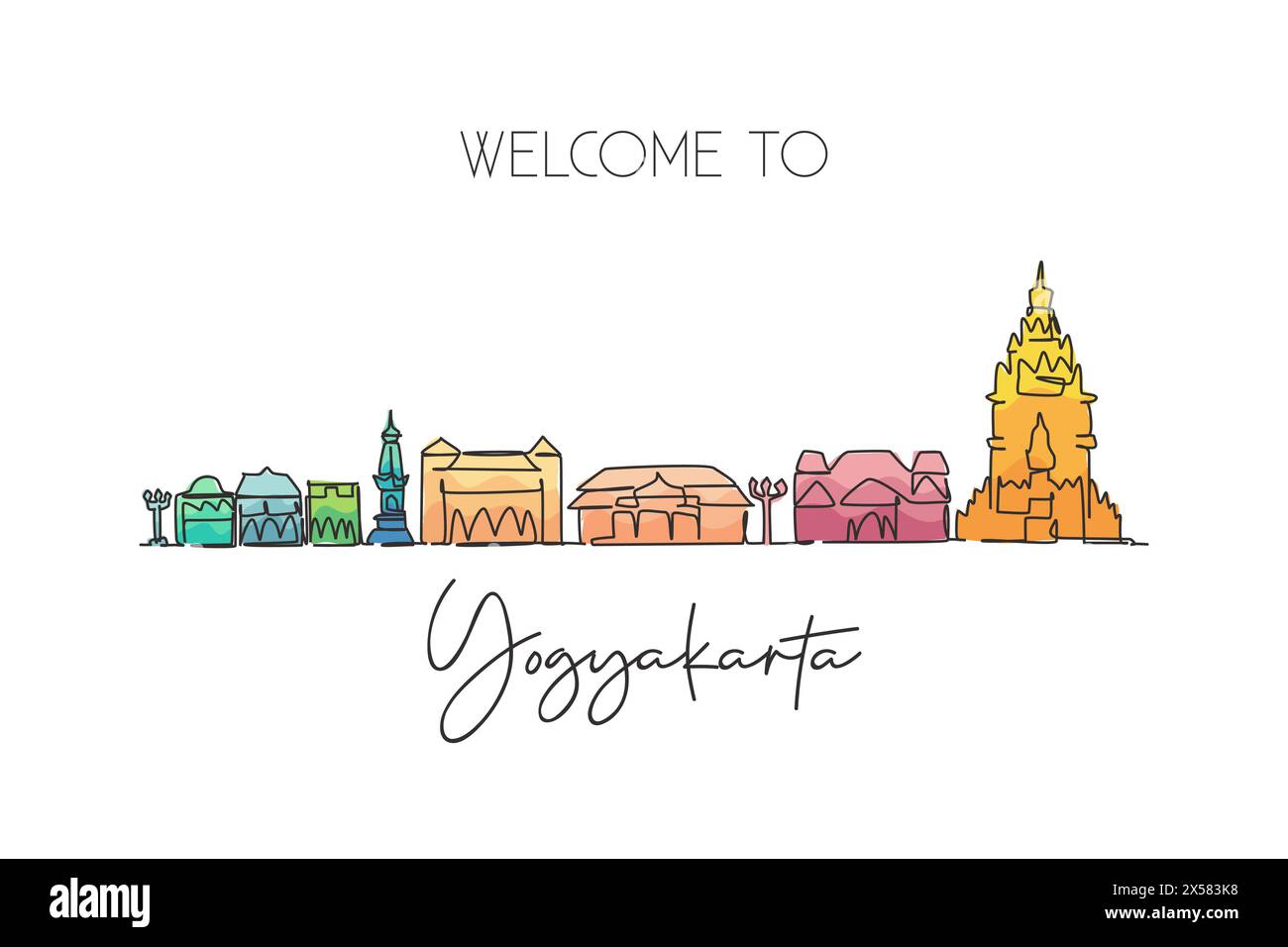 Linea singola continua che disegna lo skyline di Yogyakarta, Indonesia. Famosa cartolina paesaggistica dei raschiatori della città. Concetto di destinazione di viaggio mondiale. Strok modificabile Illustrazione Vettoriale