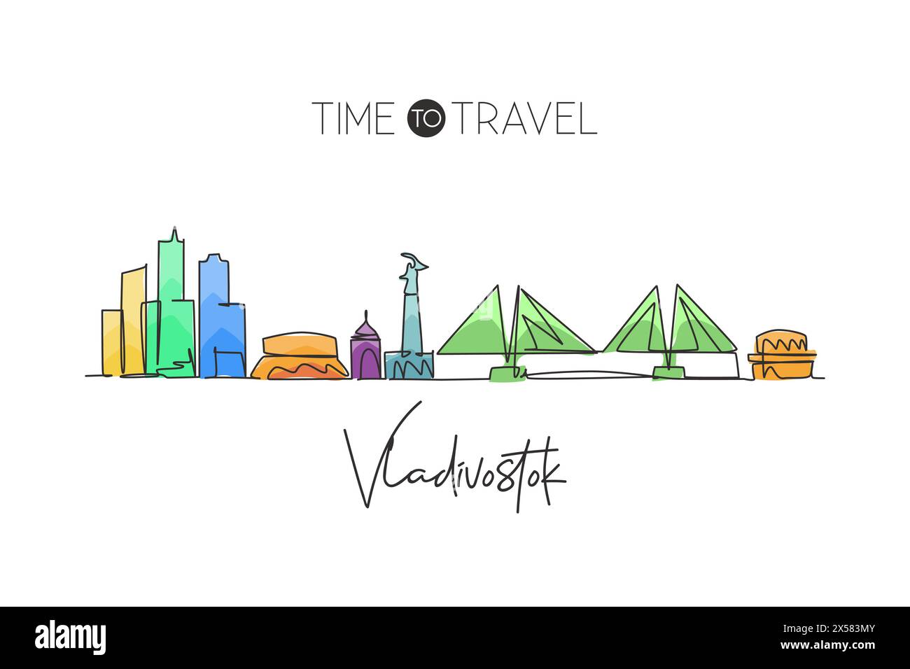 Una linea continua che disegna lo skyline di Vladivostok, Russia. Splendido poster decorativo per la casa. Turismo paesaggistico mondiale vacanze di viaggio. Ry Illustrazione Vettoriale