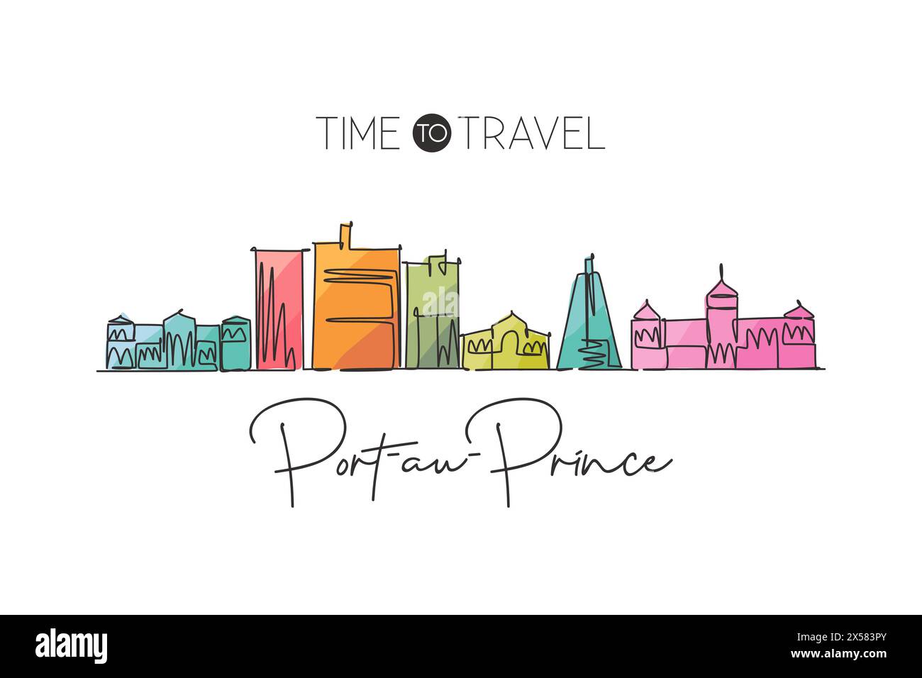 Un disegno continuo dello skyline della città di Port au Prince, Haiti. Splendido poster decorato con pareti in stile casa. Turismo paesaggistico mondiale viaggi vac Illustrazione Vettoriale