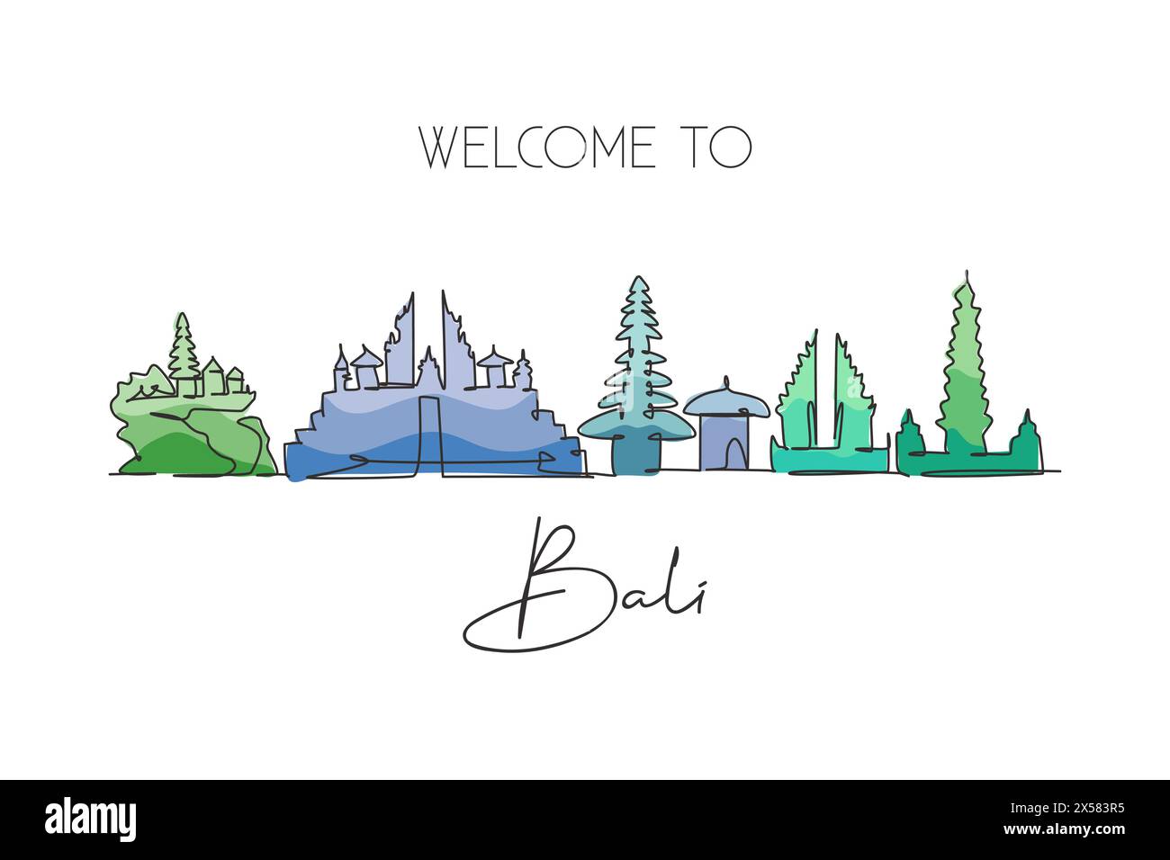 Una linea continua che disegna lo skyline della città di Bali, Indonesia. Splendido punto di riferimento. Mondo paesaggio turismo viaggi vacanza poster arte. Elegante e modificabile Illustrazione Vettoriale