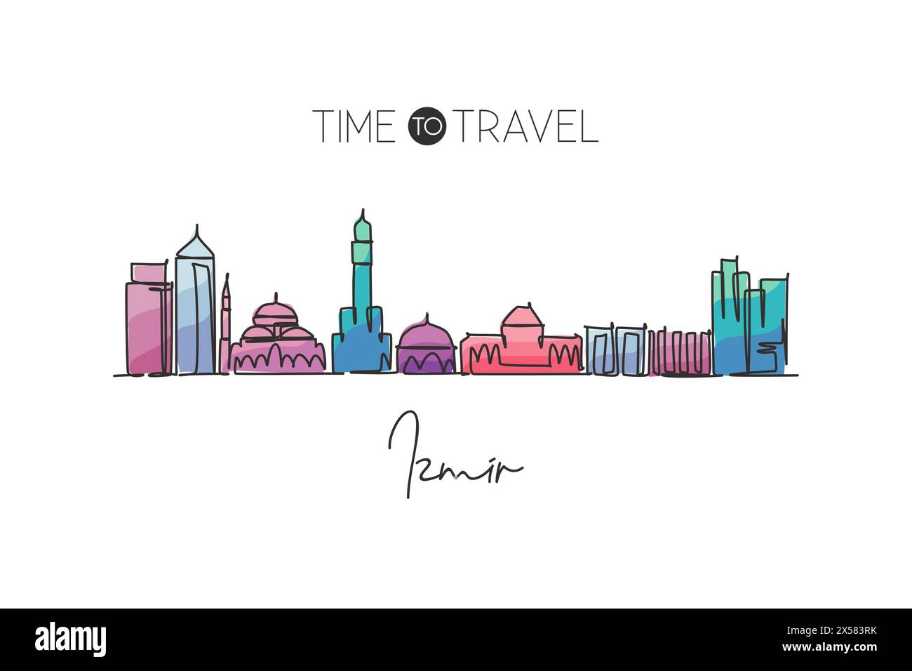 Un disegno continuo dello skyline della città di Smirne, Turchia. Splendida cartolina. Turismo paesaggistico mondiale e vacanza di viaggio. Elegante e modificabile Illustrazione Vettoriale