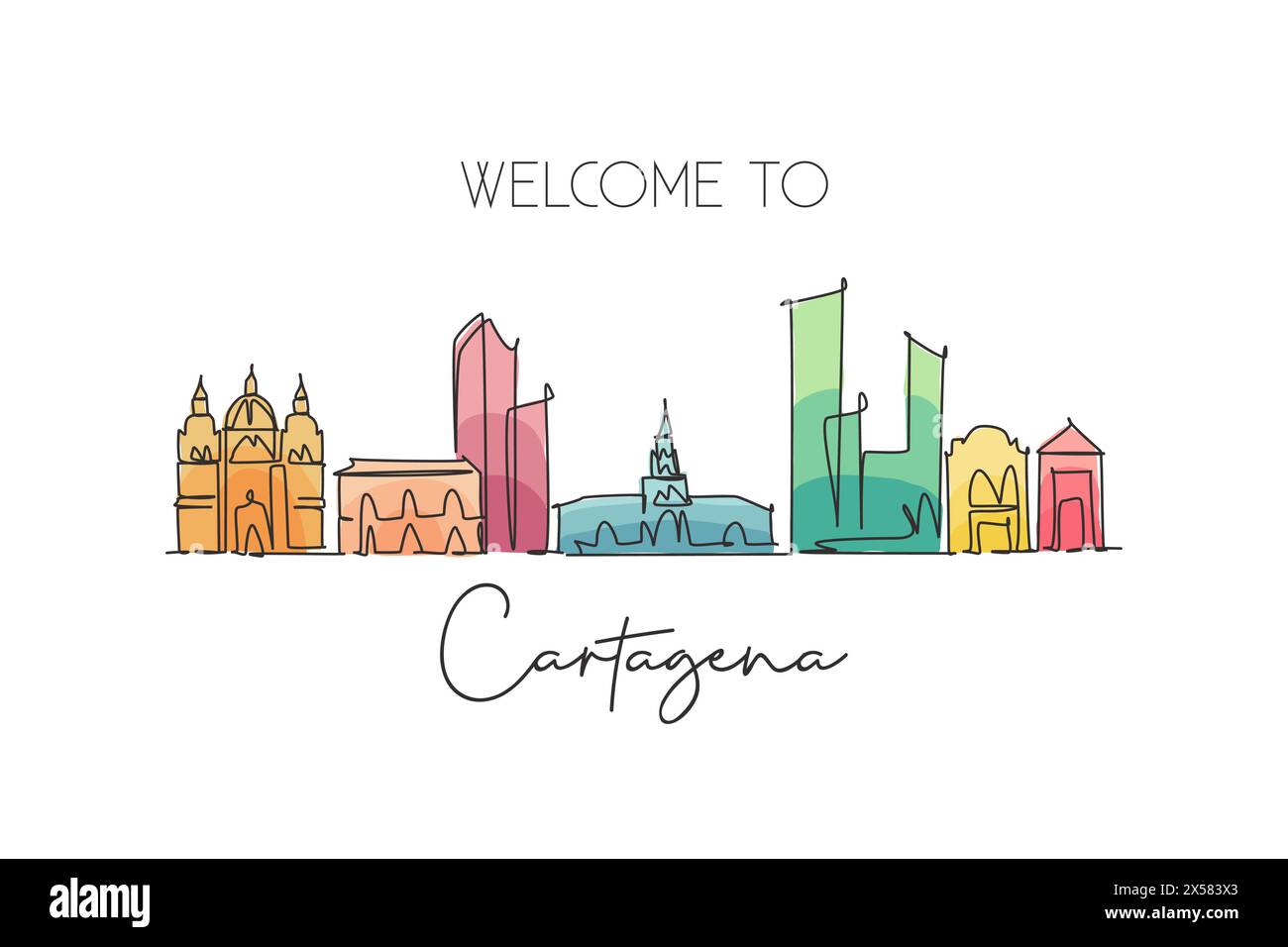 Disegno a linea singola continua dello skyline di Cartagena, Colombia. Famosa cartolina paesaggistica dei raschiatori della città. Concetto di destinazione di viaggio mondiale. Stro modificabile Illustrazione Vettoriale