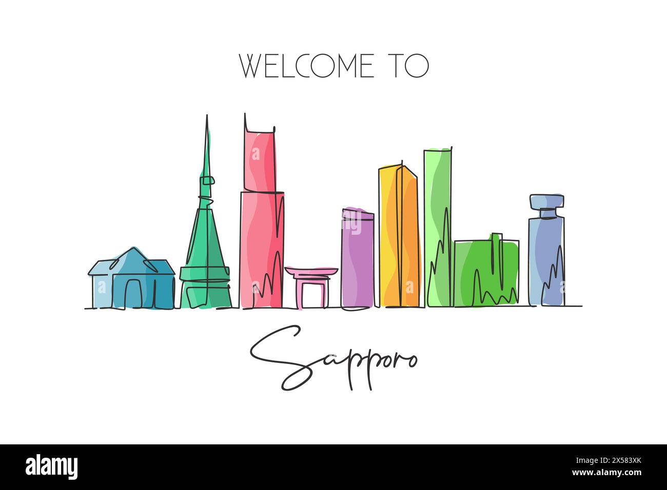 Disegno a linea singola continua dello skyline della città di Sapporo, Giappone. Famoso raschietto e paesaggio cittadino. Concetto di viaggio in tutto il mondo arte per la casa decorazione a parete poster prin Illustrazione Vettoriale