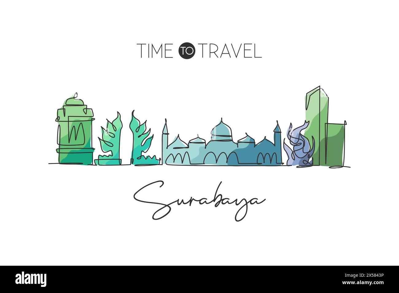 Una linea continua che disegna lo skyline della città di Surabaya, Indonesia. Splendido punto di riferimento della città. Turismo paesaggistico mondiale vacanze di viaggio. Elegante modificabile Illustrazione Vettoriale