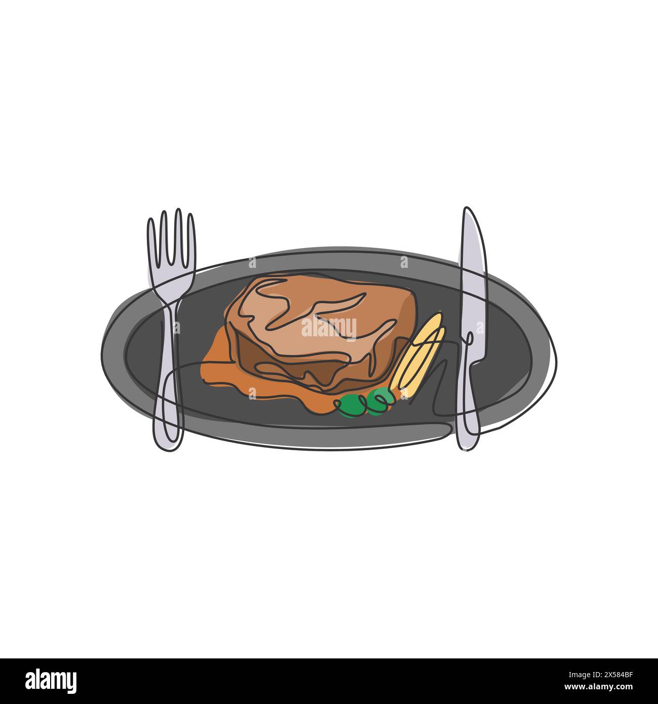 Disegno a linea singola continua di bistecca di rosmarino stilizzata sul piatto con coltello e forchetta. Il logo del ristorante Steak. Design moderno a una linea per disegnare Illustrazione Vettoriale