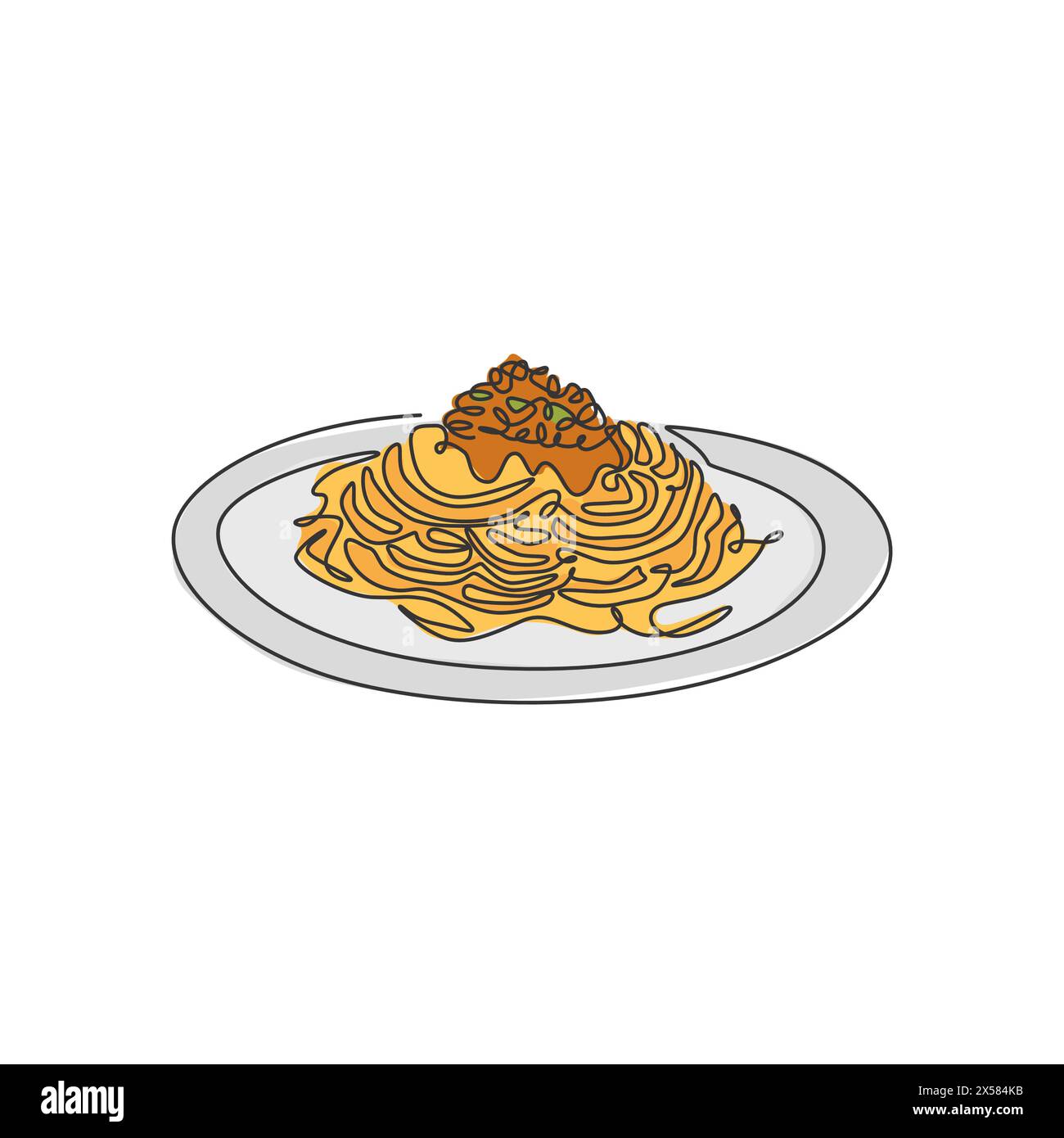 Disegno a linea singola continua dell'etichetta stilizzata con il logo degli spaghetti italiani. Ristorante italiano con pasta e spaghetti. Design vettoriale moderno a una linea Illustrazione Vettoriale