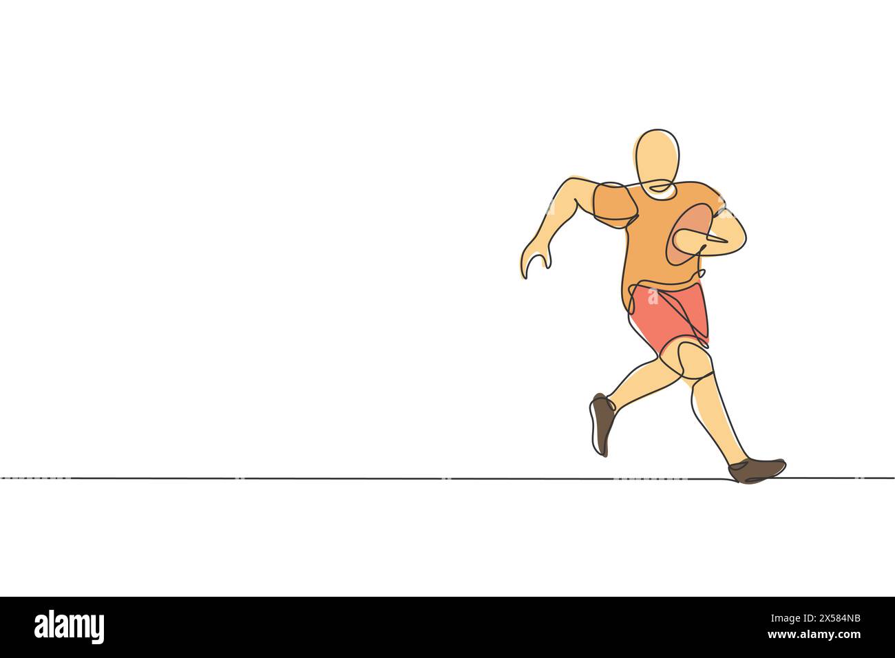 Un disegno su una sola linea di un giovane energico giocatore di rugby che corre per evitare l'illustrazione vettoriale della caccia rivale. Concetto di sport salutare. Moderno e continuo Illustrazione Vettoriale