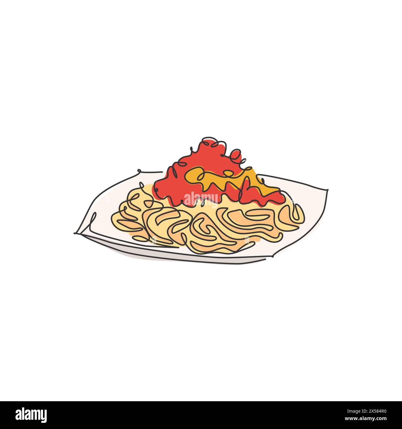 Disegno a linea singola di deliziosi spaghetti italiani con logo. Concetto di ristorante con pasta e spaghetti. Moderno design vettoriale a una linea Illustrazione Vettoriale