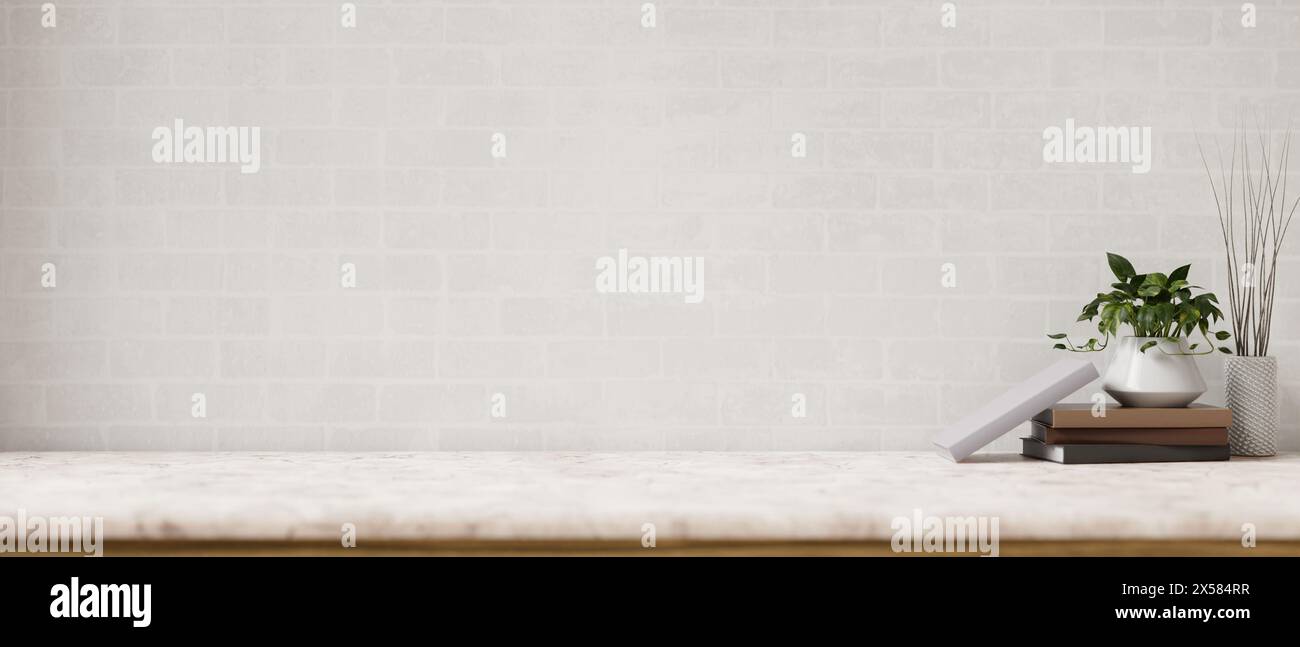 Un piano in marmo bianco neutro con uno spazio espositivo per esporre i prodotti contro la parete in piastrelle bianche. rendering 3d, illustrazione 3d. Foto Stock