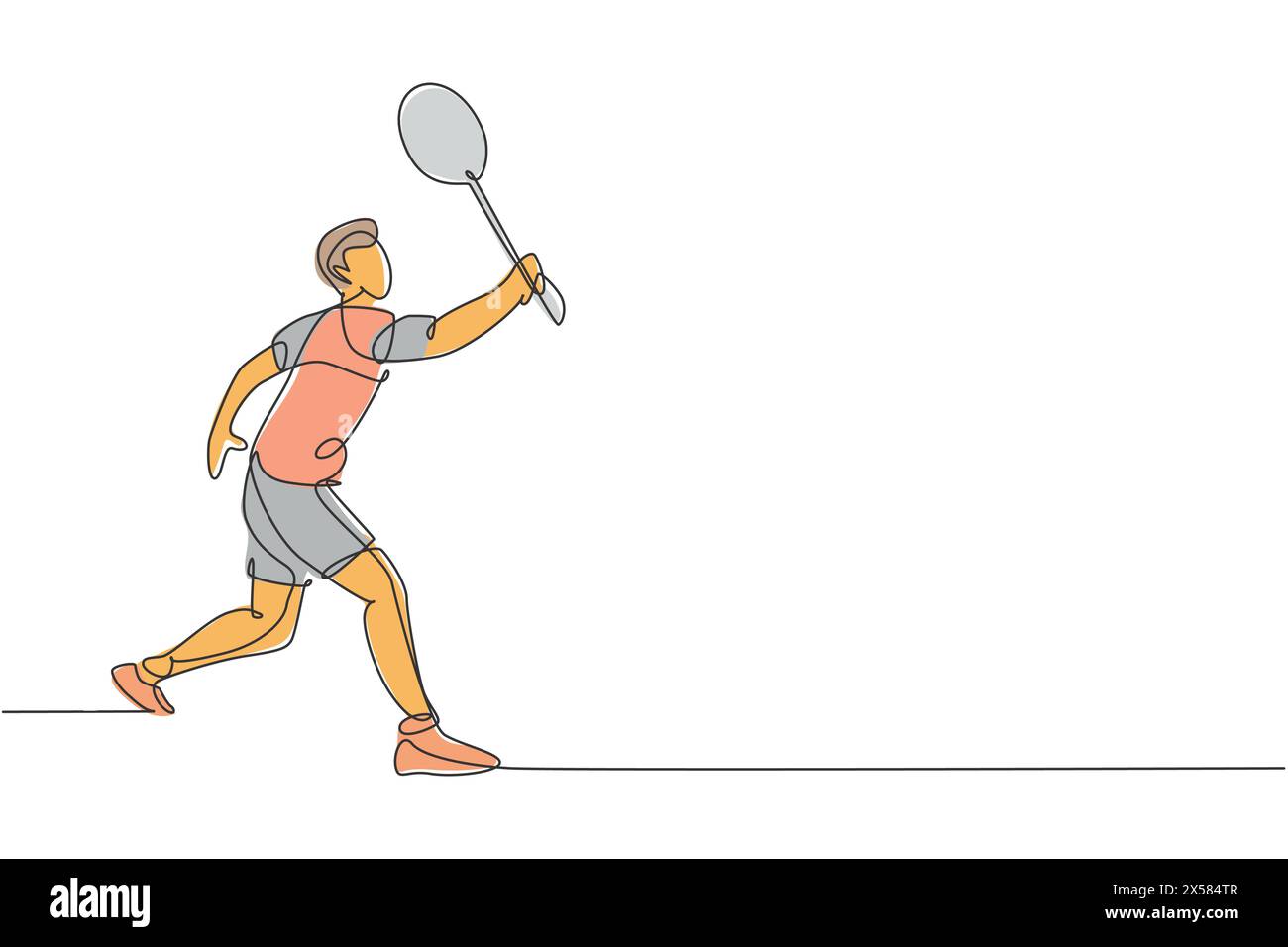 Un disegno continuo di un giovane giocatore di badminton colpì il rubinetto con la racchetta. Concetto di sport competitivo. Disegno dinamico a linea singola vettore i Illustrazione Vettoriale