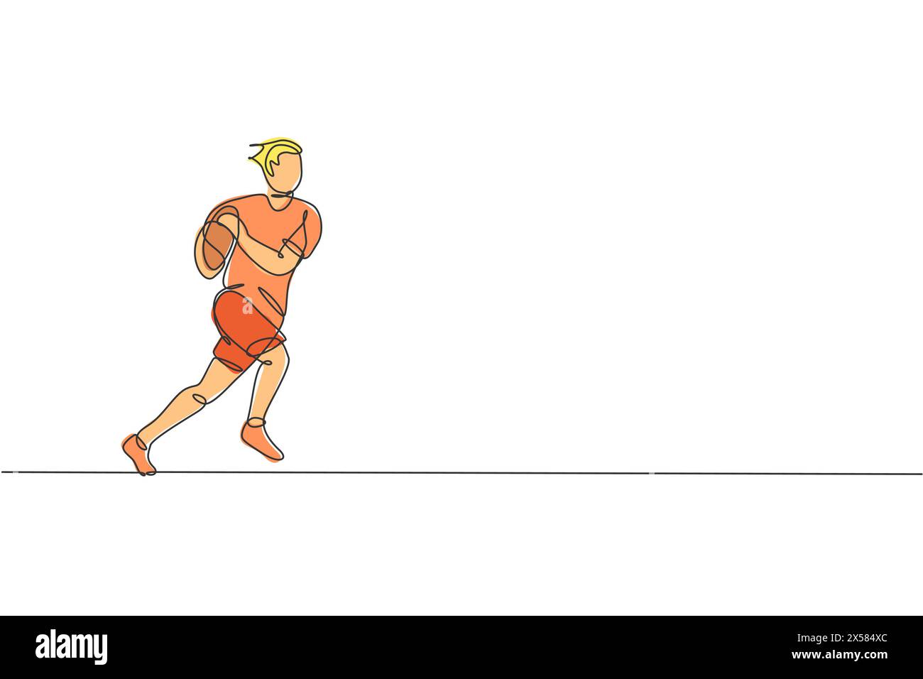 Un disegno a linea singola di un giovane e energico giocatore di rugby che corre e tiene in mano l'illustrazione grafica del vettore della palla. Concetto di sport salutare. Moderno Illustrazione Vettoriale