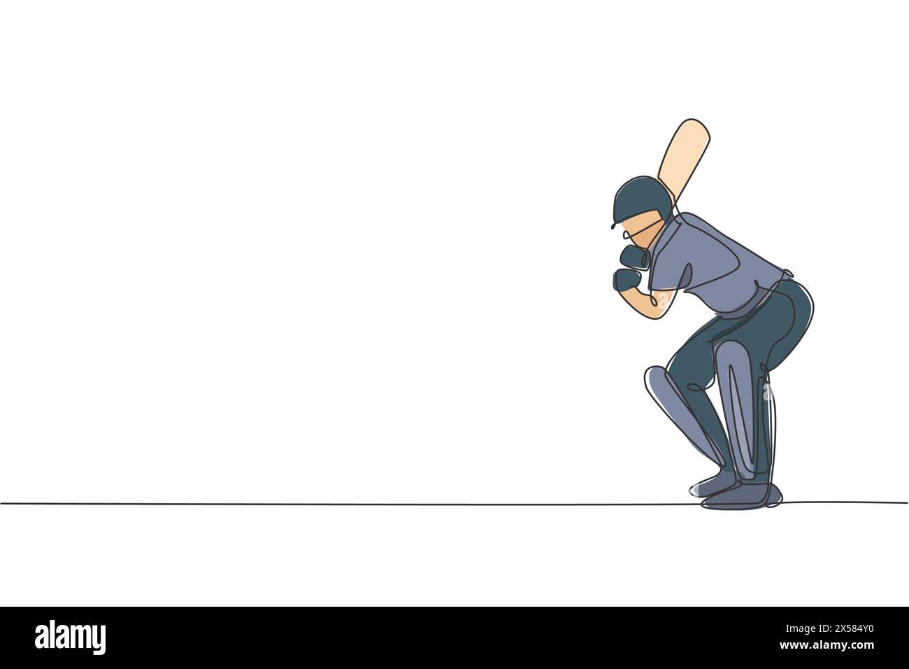 Un disegno continuo della posizione di un giovane giocatore di cricket in piedi per ricevere la palla dall'illustrazione vettoriale del lanciatore. Concetto sportivo. Dinamica S Illustrazione Vettoriale