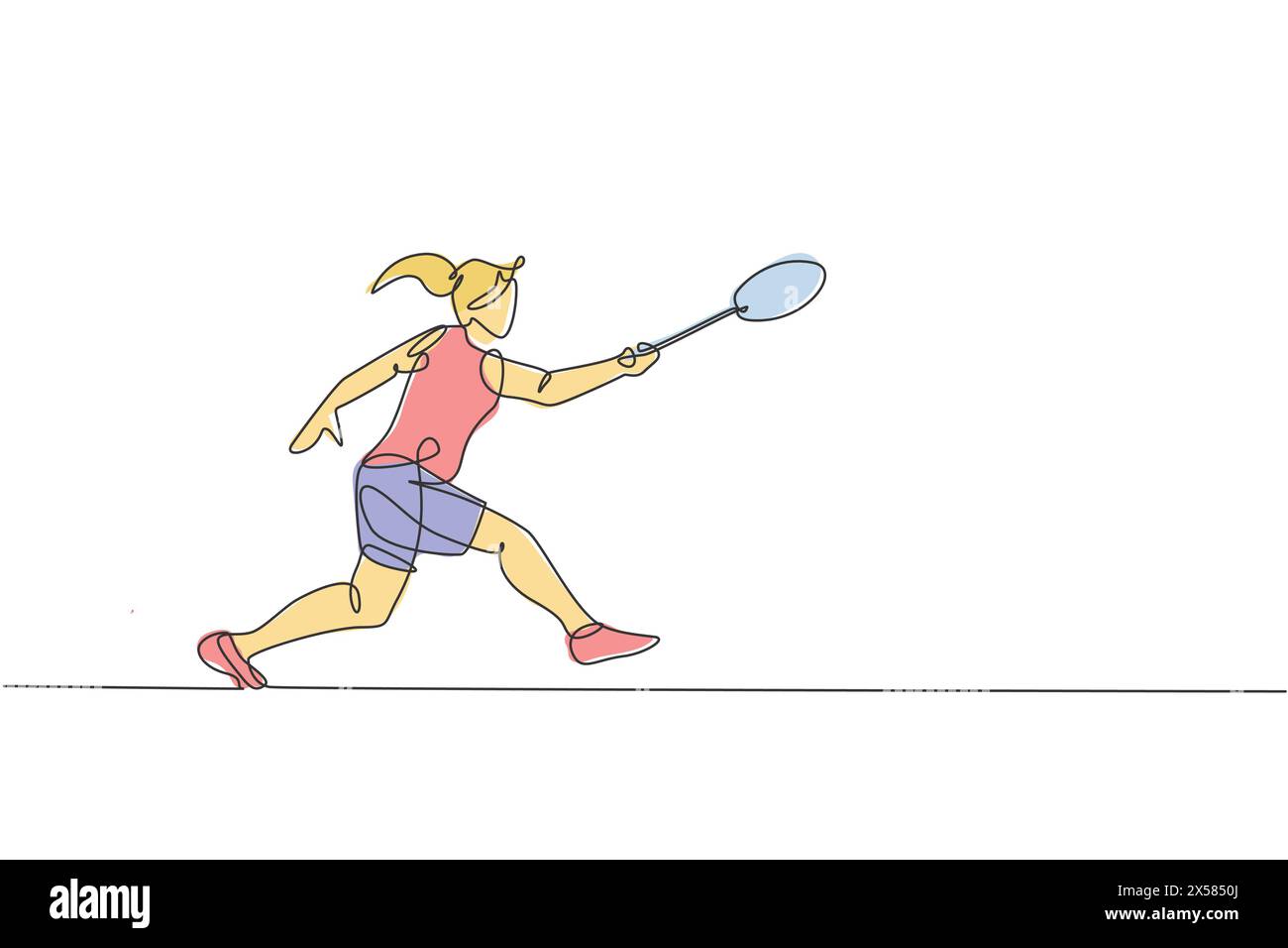 Un disegno continuo di un giovane giocatore di badminton colpì il rubinetto con la racchetta. Concetto di sport competitivo. Disegno dinamico a linea singola vettore i Illustrazione Vettoriale