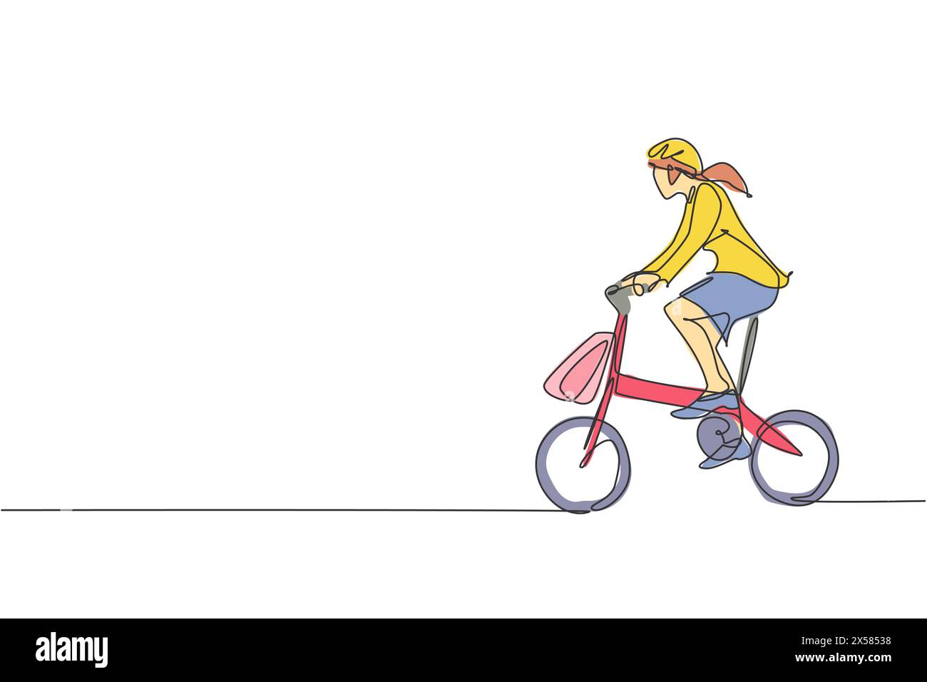 Un disegno continuo di una giovane manager professionista che va in bicicletta ha piegato la bicicletta nel suo ufficio. Concetto di stile di vita urbano e di lavoro sano. Diam Illustrazione Vettoriale