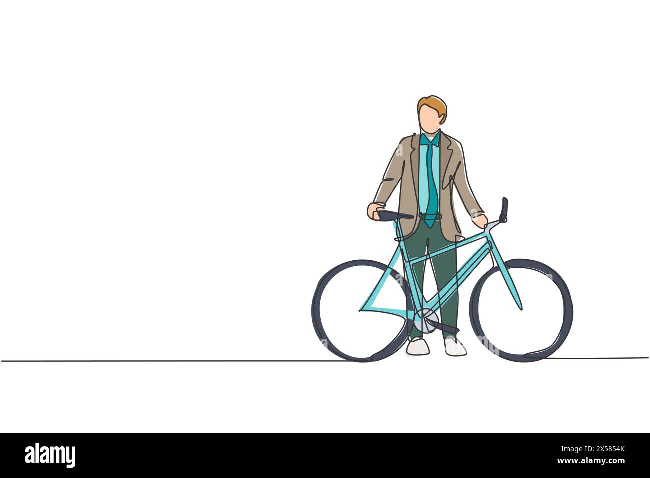 Un'unica linea di disegno di un giovane dipendente professionista della startup, felice, cavalca in bicicletta fino all'illustrazione vettoriale dello spazio di coworking. Il pendolare è sano Illustrazione Vettoriale