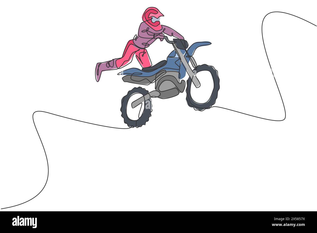 Un disegno su una sola linea di un giovane pilota di motocross che vola freestyle sulla pista da gara illustrazione grafica vettoriale. Concetto di sport estremi. Moderno e continuo Illustrazione Vettoriale
