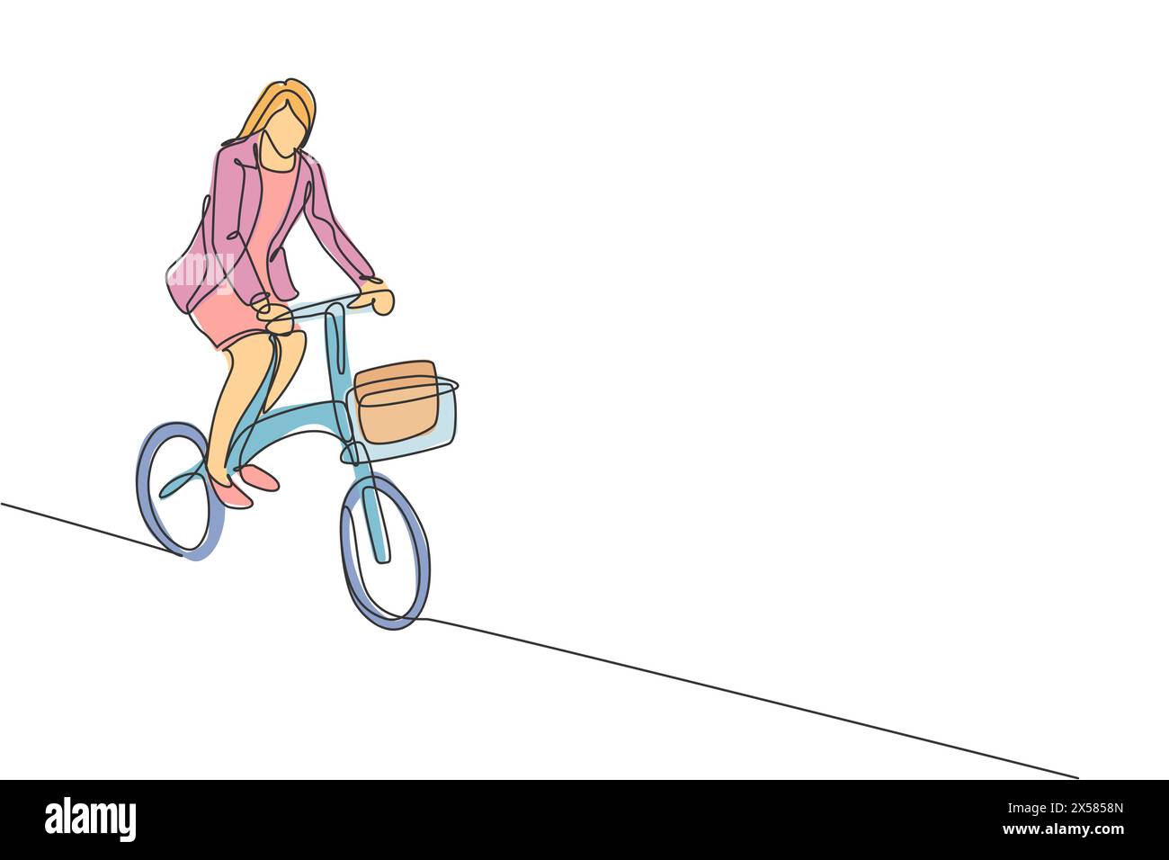 Un disegno continuo di una giovane manager professionista che va in bicicletta ha piegato la bicicletta nel suo ufficio. Concetto di stile di vita urbano e di lavoro sano. Diam Illustrazione Vettoriale
