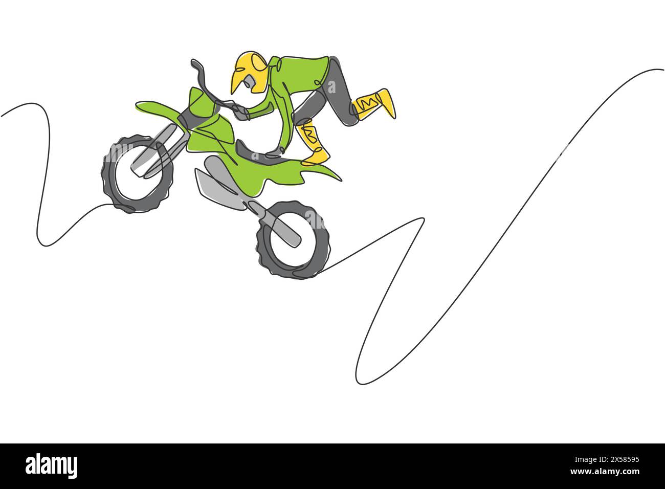 Un disegno continuo di un giovane pilota di motocross acrobatico salta in aria. Concetto di sport estremi. Vettore di disegno dinamico a linea singola Illustrazione Vettoriale