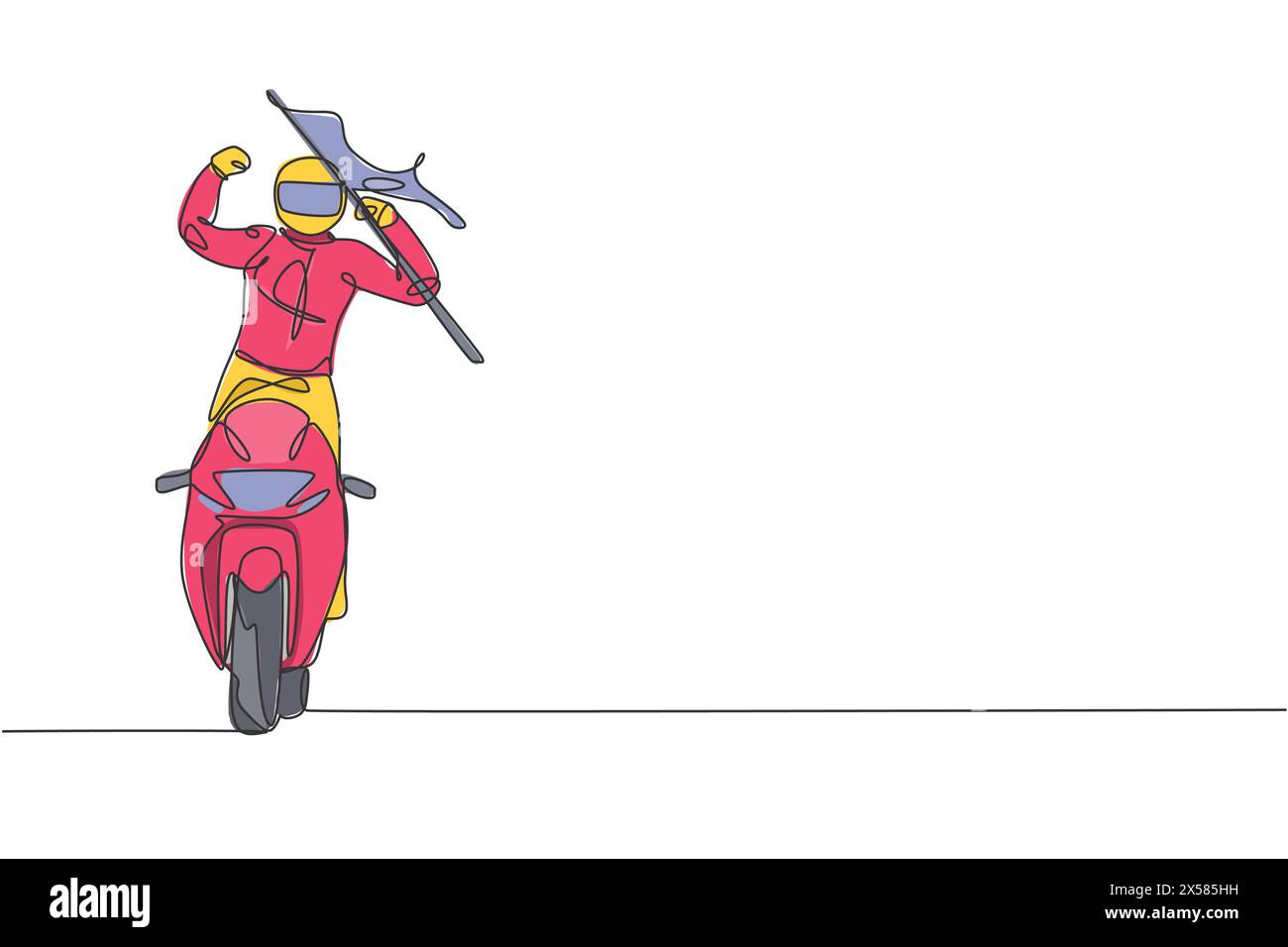 Disegnare una singola linea continua di giovani motociclisti che alzano la bandiera per celebrare una vittoria. Concetto di torneo motociclistico. Vettoriale di design a una linea di tendenza i Illustrazione Vettoriale