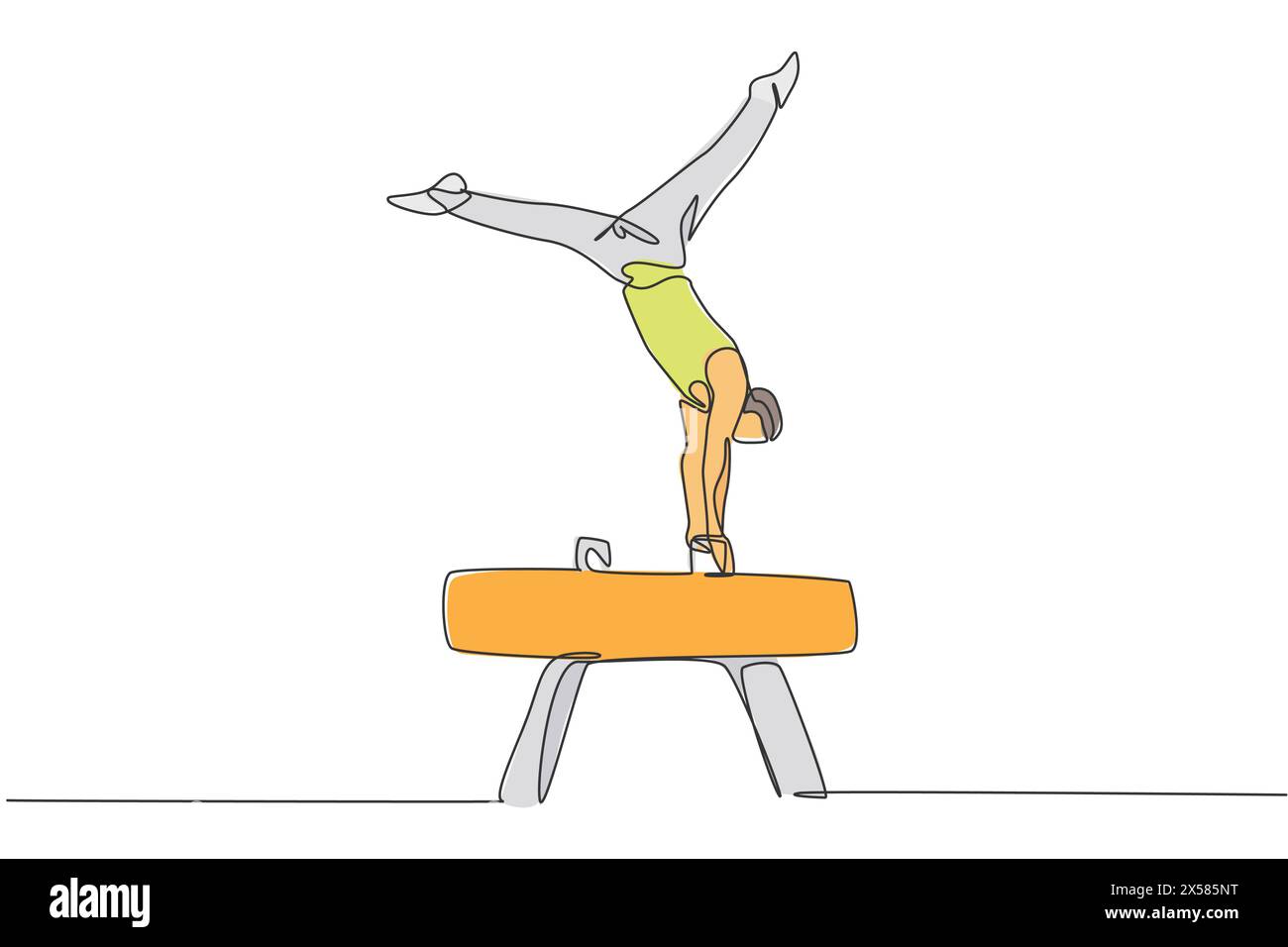 Un disegno su una sola linea di un giovane e bellissimo ginnasta che esercita una grafica grafica vettoriale del cavallo pommel. Stile di vita sano e sport atletico Illustrazione Vettoriale