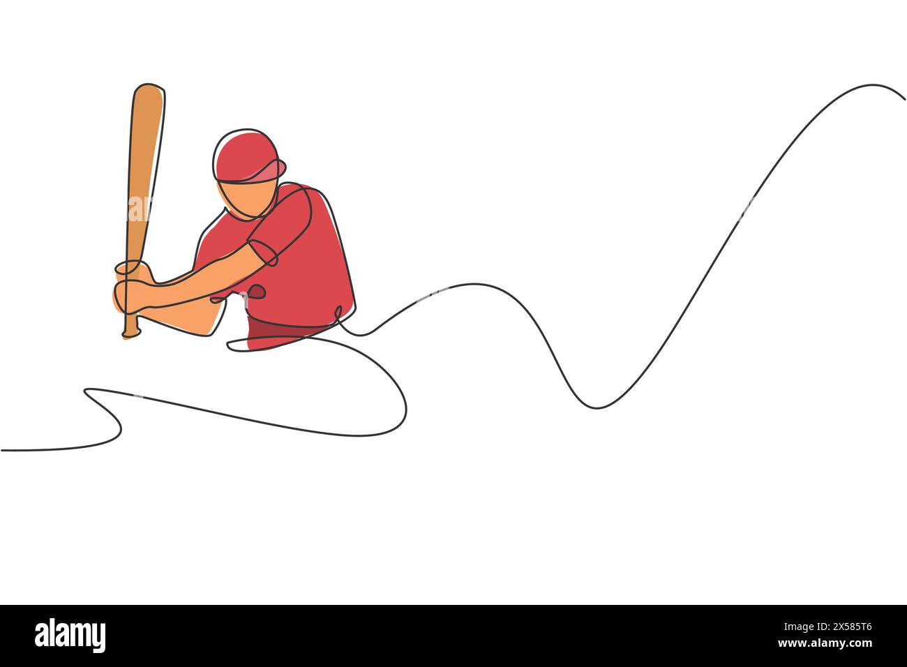 Un disegno continuo di un giovane giocatore di baseball sportivo si pratica per colpire la palla all'arena. Concetto di sport competitivo. Disegno dinamico a linea singola Illustrazione Vettoriale