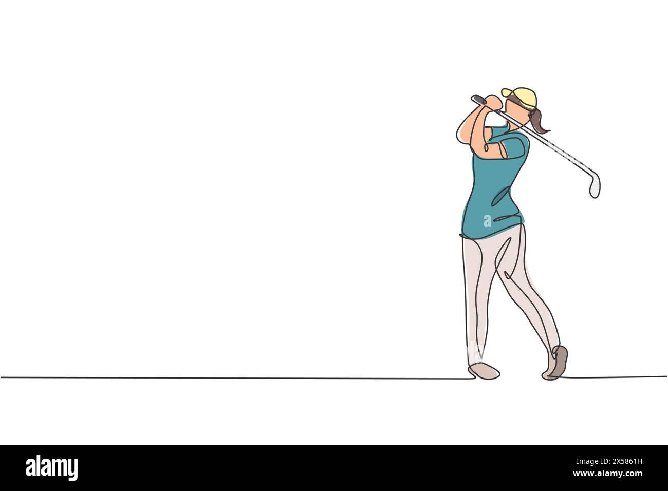 Un disegno continuo di un giovane giocatore di golf swing golf club e colpire la palla. Concetto di sport per il tempo libero. Linea singola dinamica disegna il disegno del vettore Illustrazione Vettoriale