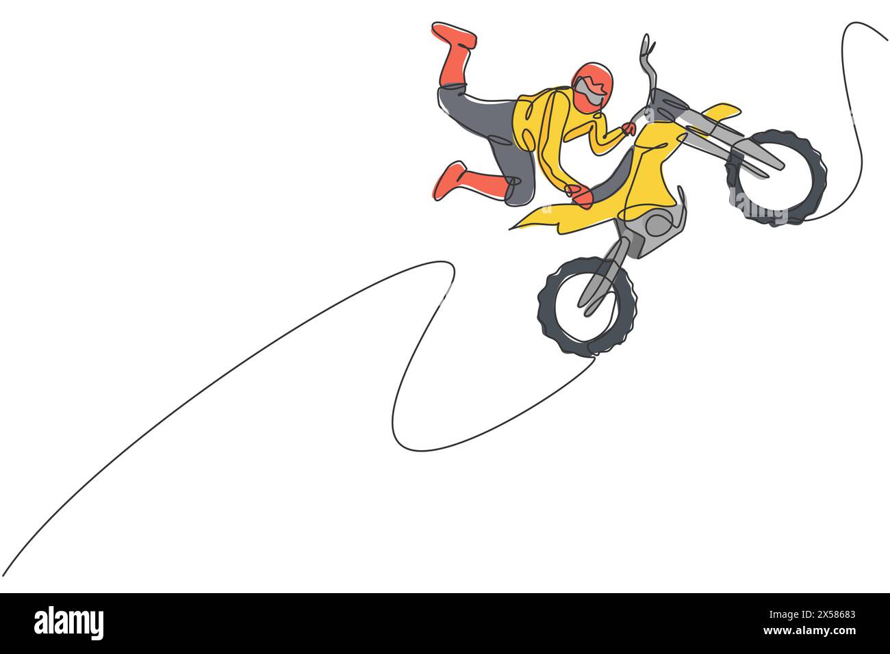 Un disegno su una sola linea di un giovane pilota di motocross fa un pericoloso trucco freestyle nell'illustrazione vettoriale della pista. Concetto di sport estremi. Moderno e continuo Illustrazione Vettoriale