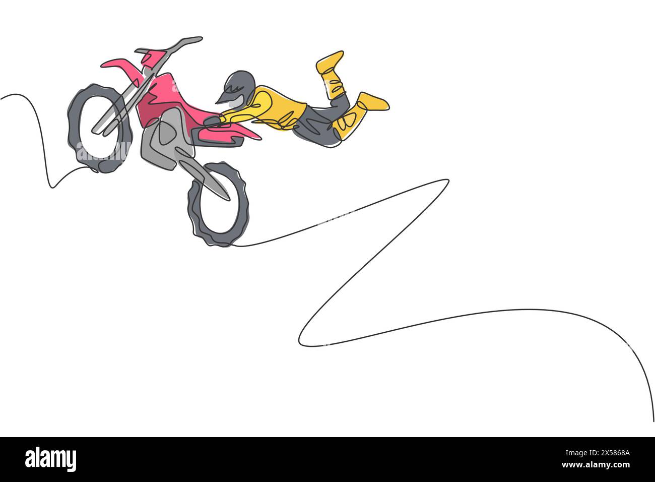 Disegno a linea singola continua di un giovane pilota di motocross acrobatico che vola con la sua moto. Illustrazione vettoriale del concetto di gara sportiva estrema. Un lin alla moda Illustrazione Vettoriale