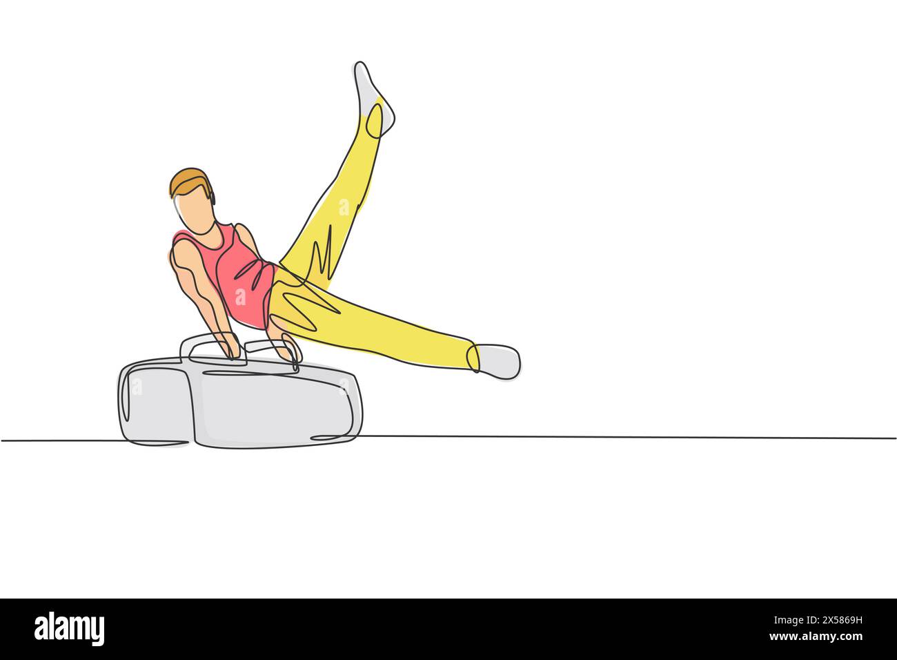 Un disegno su una sola linea di un giovane e bellissimo ginnasta che esercita un'illustrazione vettoriale grafica del cavallo pommel. Stile di vita sano e sport atletico Illustrazione Vettoriale
