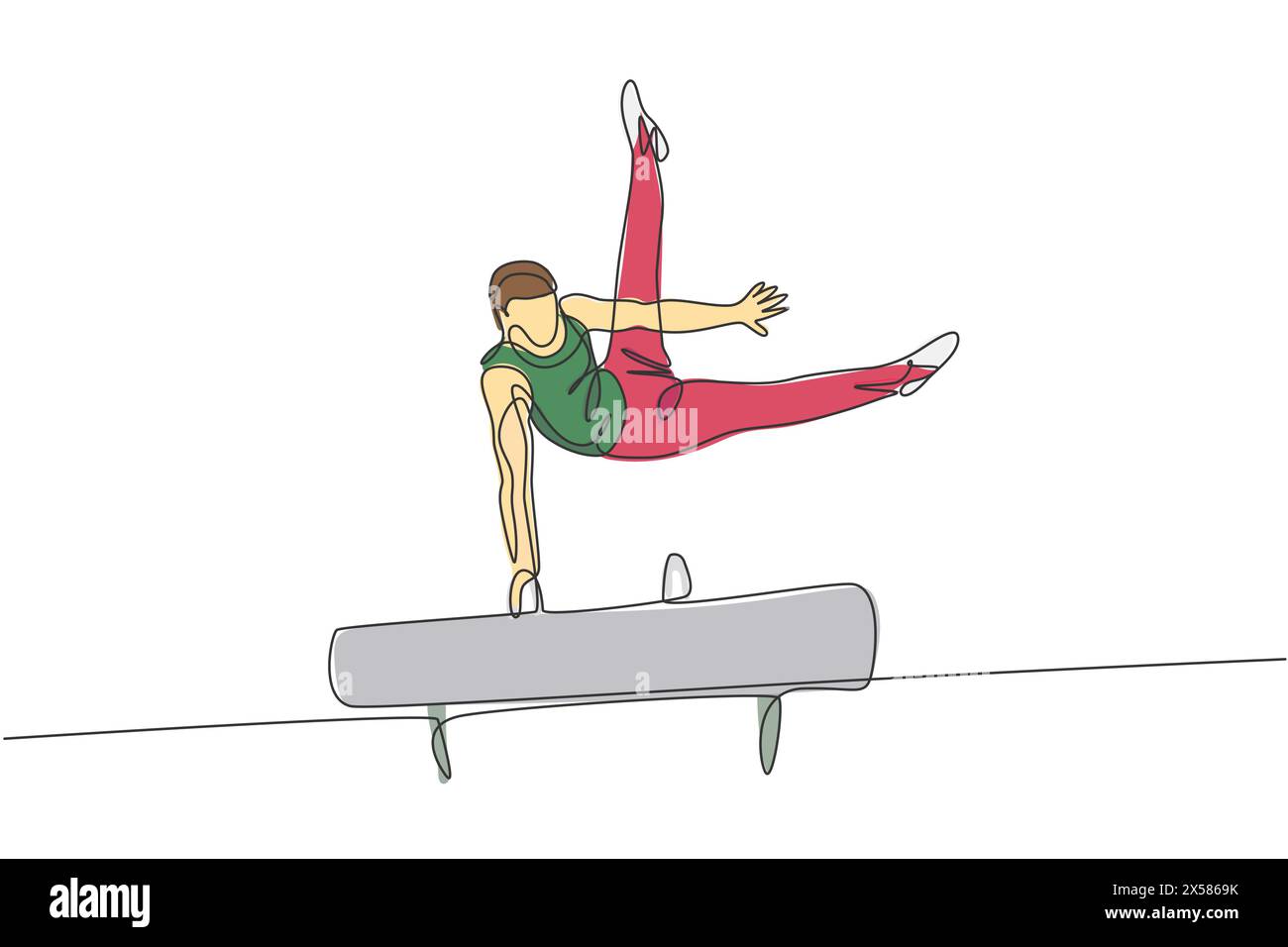 Linea singola continua disegnando un giovane e bellissimo ginnasta professionista che esegue un movimento acrobatico. Concetto di allenamento e stretching dei cavalli pommel. Alla moda Illustrazione Vettoriale