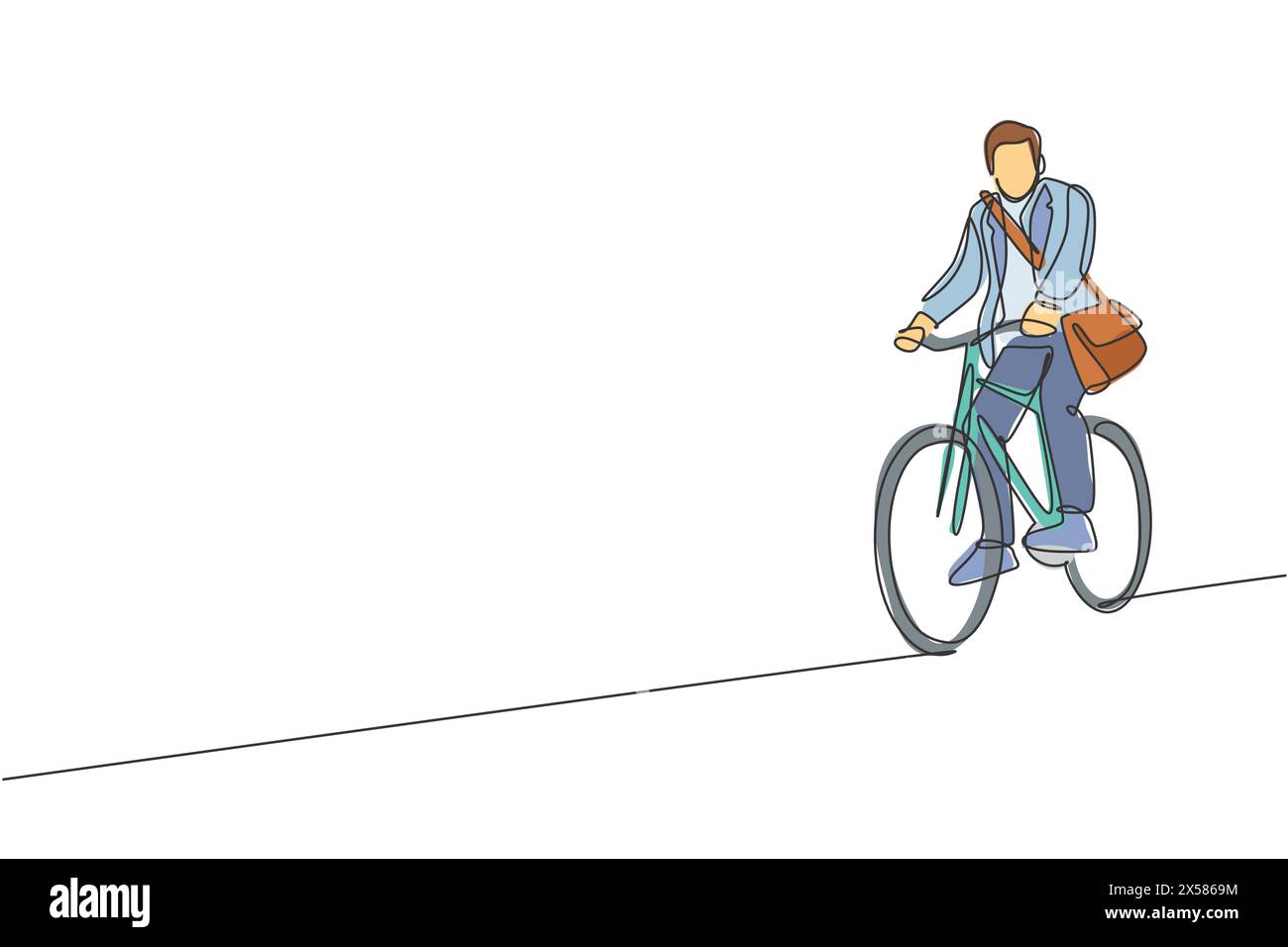 Un'unica linea di disegno di un giovane dipendente professionista della startup, felice, cavalca in bicicletta fino all'illustrazione vettoriale dello spazio di coworking. Il pendolare è sano Illustrazione Vettoriale