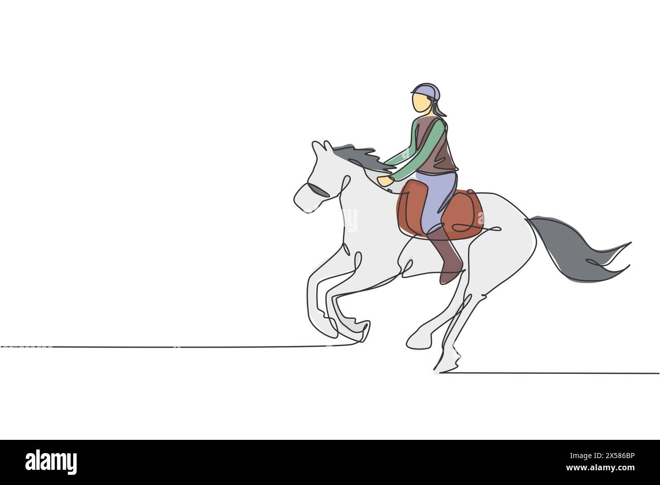 Disegnare una sola linea continua di giovani cavalieri professionisti che corrono con un cavallo intorno alle scuderie. Percorso di allenamento per gli sport equestri Illustrazione Vettoriale