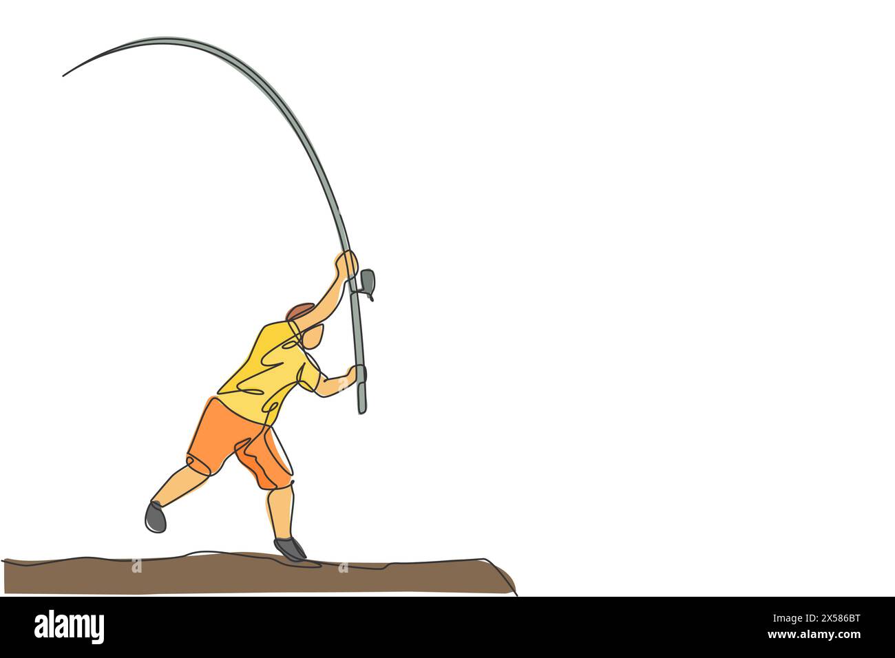 Una sola linea disegna il giovane Happy fisher in piedi e lancia la pesca con la mosca all'illustrazione grafica vettoriale del fiume. Vacanze in viaggio per pescare h Illustrazione Vettoriale