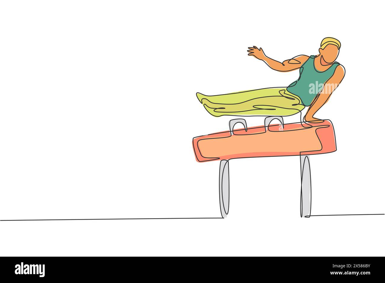 Linea singola continua disegnando un giovane e bellissimo ginnasta professionista che esegue un movimento acrobatico. Concetto di allenamento e stretching dei cavalli pommel. Alla moda Illustrazione Vettoriale