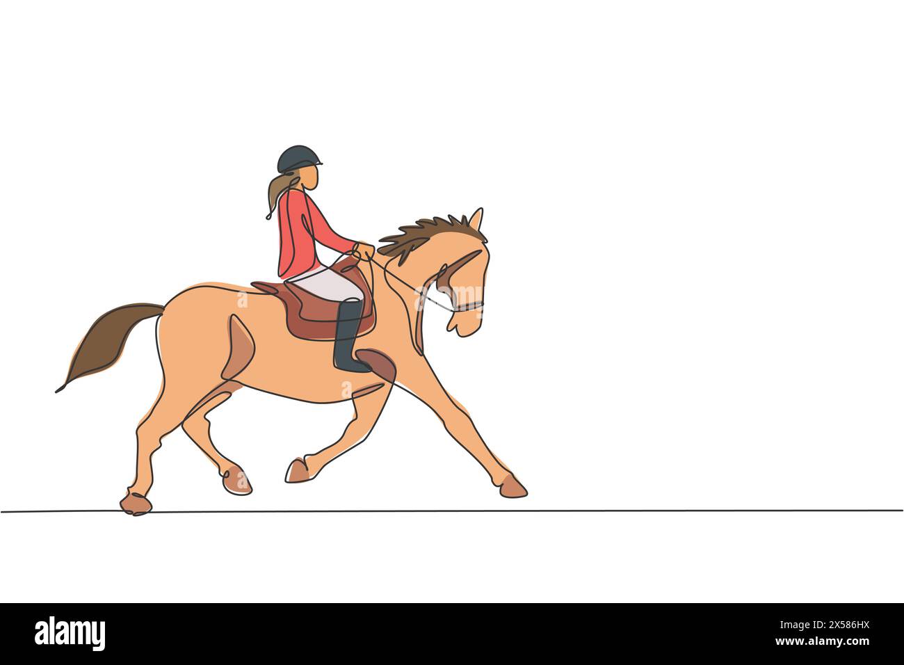 Un disegno continuo di una giovane cavaliera in azione. Allenamento di equine RUN sul circuito di corse. Concetto di competizione sportiva equestre. S dinamica Illustrazione Vettoriale