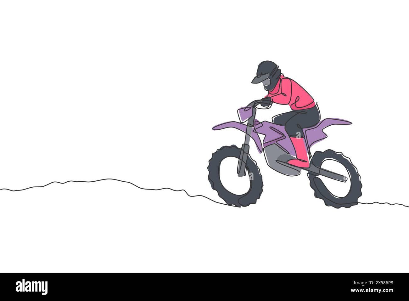 Un disegno a linea singola del giovane motociclista del motocross conquista gli ostacoli della pista all'illustrazione vettoriale della pista di corsa. Concetto di sport estremo. Moderno continuo l Illustrazione Vettoriale