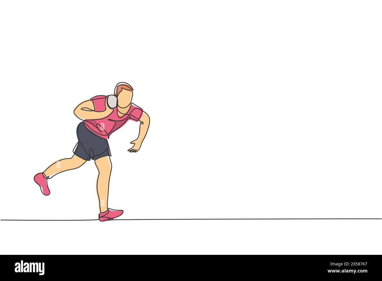 Un disegno su una sola linea di un giovane uomo energico esercizio per lanciare un colpo messo sul campo illustrazione vettoriale grafica. Stile di vita sano sport atletico c Illustrazione Vettoriale