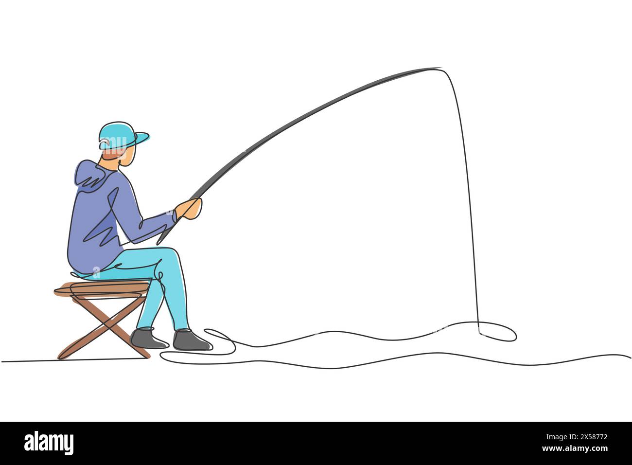 Una sola linea disegna il giovane Happy fisher che si trova in posizione relax e pesca con la mosca sulla grafica vettoriale del fiume. Vacanza in viaggio per pescare Illustrazione Vettoriale