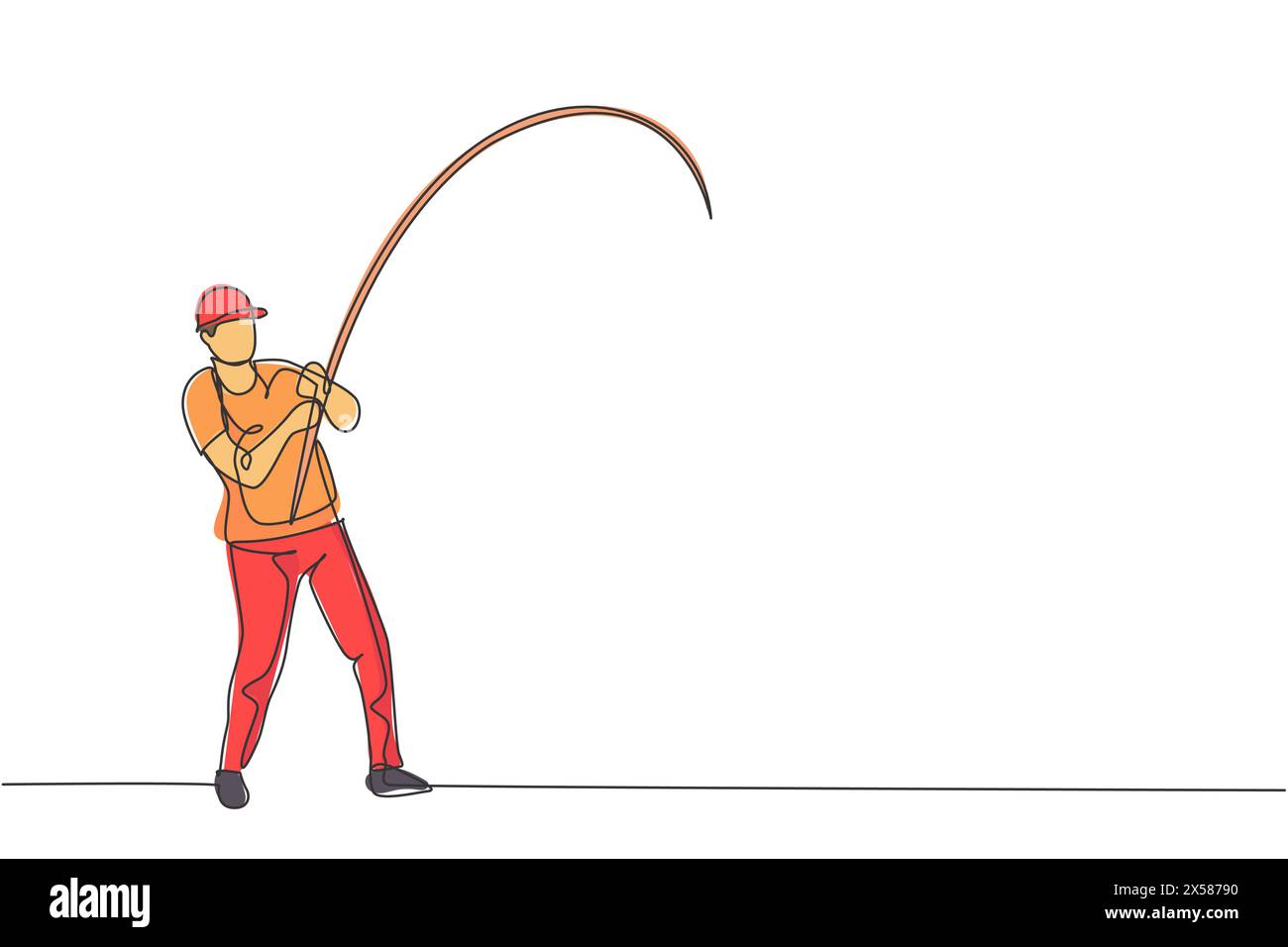 Un disegno su una sola linea del giovane Happy fisher in piedi e pesca con la mosca nell'illustrazione grafica vettoriale del fiume. Vacanza in viaggio per pescare Illustrazione Vettoriale