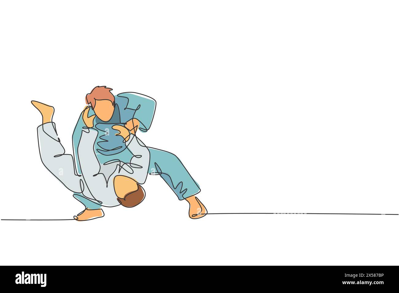 Un disegno continuo di due giovani uomini sportivi si concentrano sulla tecnica del judo nella palestra sportiva. Jiu jitsu battaglia lotta sport concetto di competizione. Diam Illustrazione Vettoriale