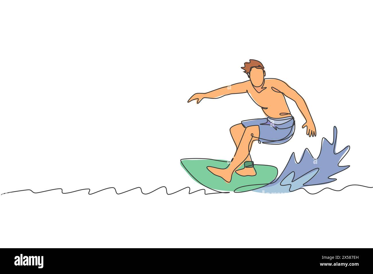 Linea singola continua che attira giovani surfisti professionisti in azione cavalcando le onde sull'oceano blu. Concetto di sport acquatici estremi. Vacanze estive. Alla moda Illustrazione Vettoriale