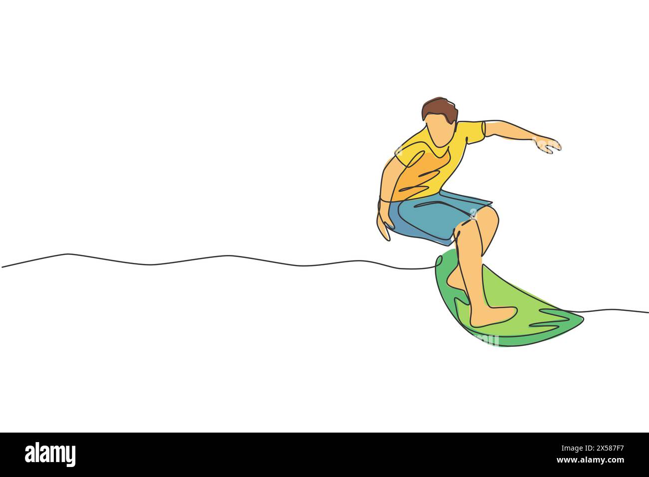 Linea singola continua che attira giovani surfisti professionisti in azione cavalcando le onde sull'oceano blu. Concetto di sport acquatici estremi. Vacanze estive. Alla moda Illustrazione Vettoriale