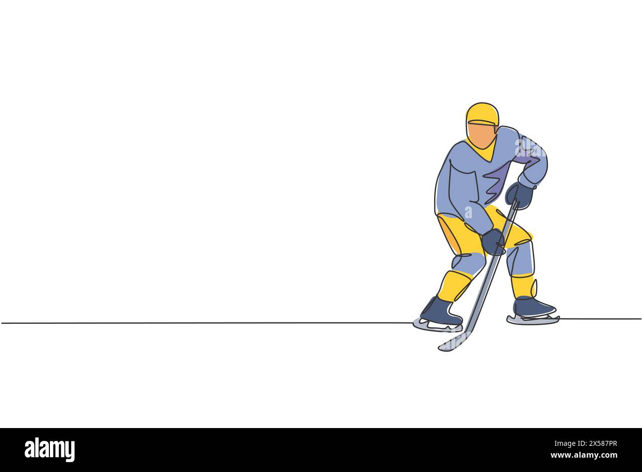 Un unico disegno continuo di un giovane giocatore professionista di hockey su ghiaccio ha colpito il puck e attaccato all'arena di pattinaggio su ghiaccio. Concetto di sport invernali estremi. Alla moda Illustrazione Vettoriale