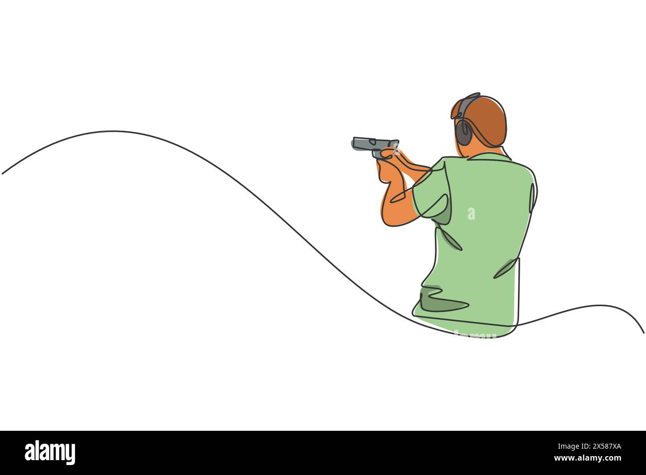 Un disegno continuo di un giovane uomo sul campo di allenamento per tiro a segno per la competizione con la pistola a mano. Concetto di tiro all'aperto. DIN Illustrazione Vettoriale