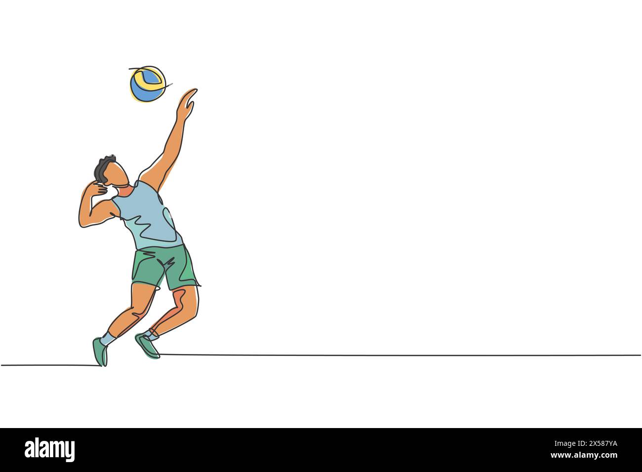 Una linea continua che attira un giovane giocatore professionista di pallavolo in azione serve la palla sul campo. Sano concetto di sport di squadra competitivo. Dinamica S Illustrazione Vettoriale